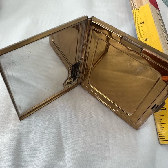 Antique Vintage Mother of Pearl & Blue Rhinestone Mirror Powder Beauty Compact - Picture 5 of 9